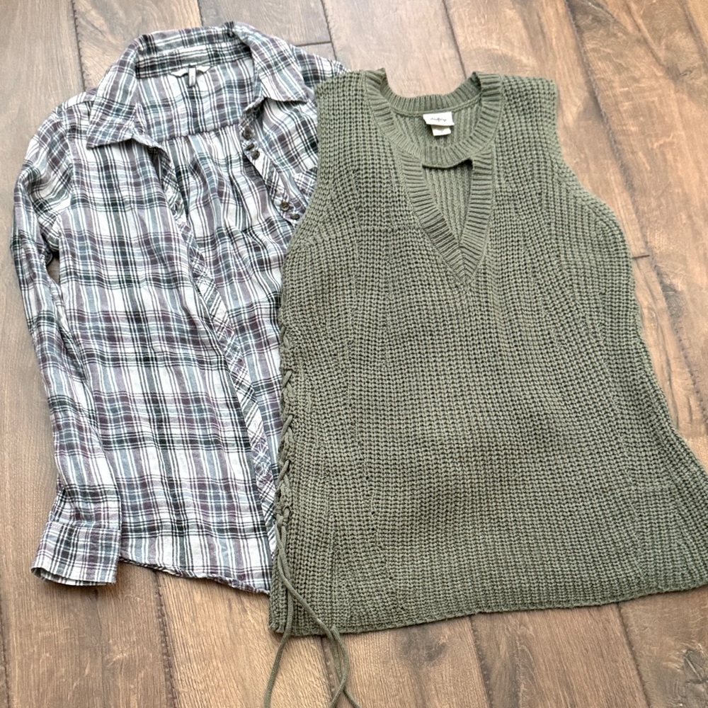 Plaid Button-Up Shirt and Olive Knit Vest